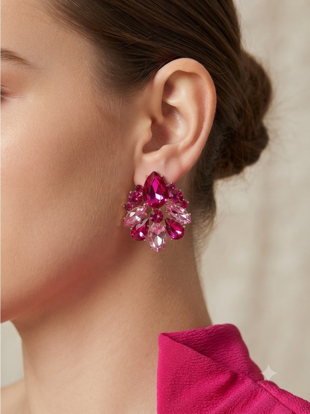 Pink Crystal Cluster Earrings Gold Tone Teardrop Statement - Picture 6 of 13